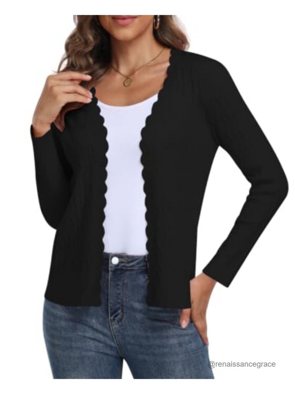 Scalloped Open Front Cable Knit Cardigan Long Sleeve Lightweight Sweater